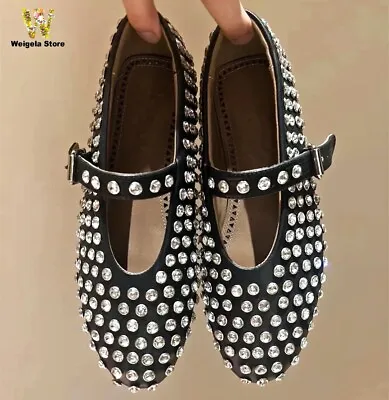 Crystal Studded Ballet Flats Shoes For Woman Round Toe Low Heels Luxury Brand • $88.50