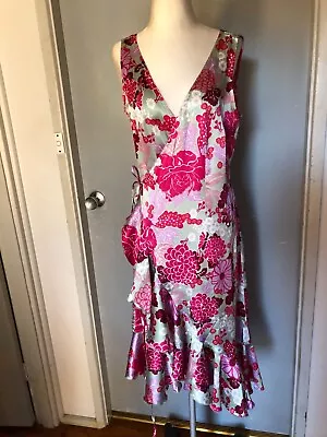 UTTAM LONDON Vintage  Floral Poly Silk Ruffle Wrap Dress Size M • $39