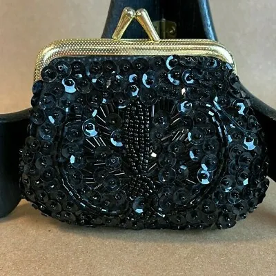 Unbranded Vintage Black Sequin Beaded Kiss Lock Coin Purse Small 4 X3  • $25