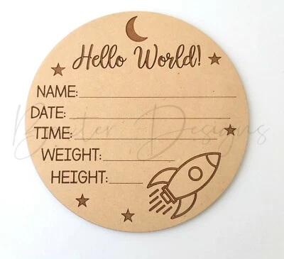 Hello World Plaque Baby Birth Announcement Discs New Baby Moon Star Rocket Sign • $20