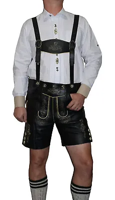 Black German Men LEATHER LEDERHOSEN Oktoberfest Shorts Pants Bavarian / 2 Pc SET • $129