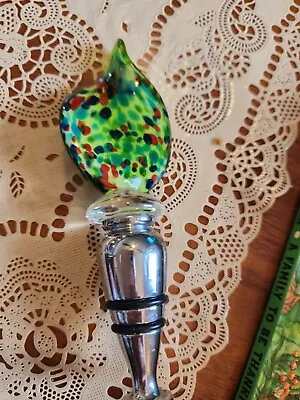 Murano Venezia Green Glass Bottle Stopper Double Ring Twos Comp. In Original Box • $11.45