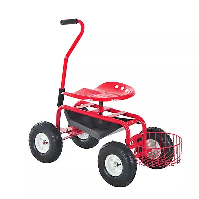 Outsunny Adjustable Rolling Garden Cart Gardening Tool Trolley Swivel Work Seat • £66.99