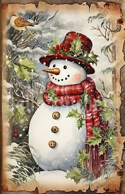 Vintage Victorian Christmas Snowman & Holly #6 Craft Sewing Cotton Fabric Block • $14.80