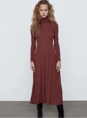 $40 • Buy NWT Zara Women’s Dark Pink Long Sleeve Turtleneck Pleated Skirt Midi Dress Sz S