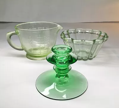 Vintage Vaseline Glass Lot Of 3: Candlestick Holder Measuring Cup Tufglas Mold • $51