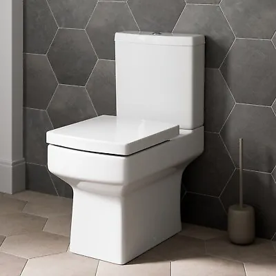 White Ceramic Square Modern Toilet Close Coupled Bathroom Pan & Seat WC Bathroom • £139.47