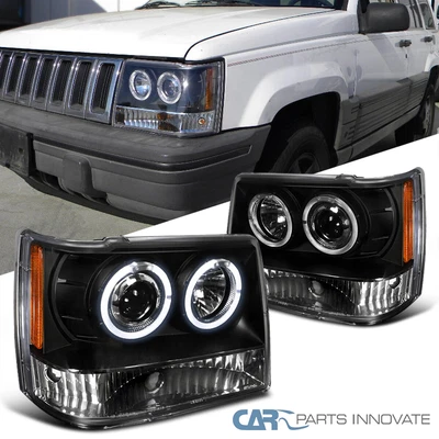 $169.95 • Buy Fits Jeep 93-96 Grand Cherokee Black Twin Halo Projector Headlights Lamps Pair