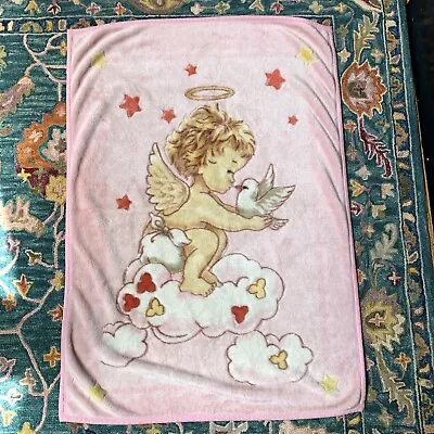 Vtg Pink Plush Baby Blanket Cherub Angel Clouds Bird Throw Crib Mink 39”x55 In • $25.87