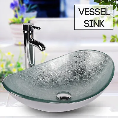 Silver Bathroom Countertop Basin Tempered Glass Wash Sink Boat Shape W/Tap Waste • £66.99