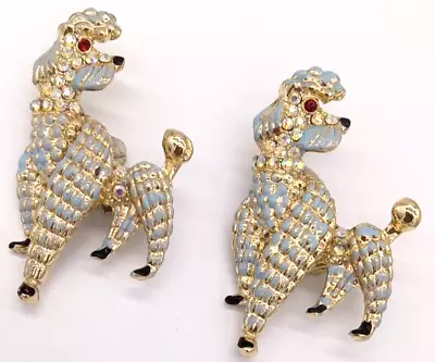 2 Vintage Poodle Brooch Gold Tone Dog Red Rhinestone Eyes Blue Enamel • $6