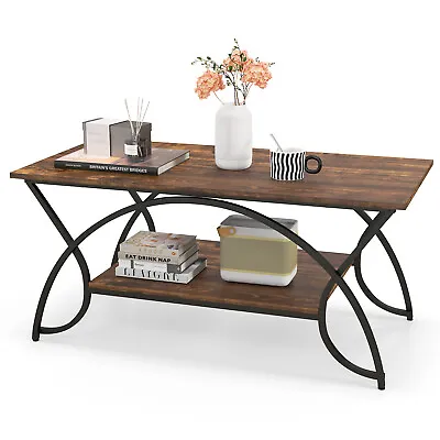 2-Tier Industrial Coffee Table Rectangular Cocktail Table W/ Storage Shelf • $99.98