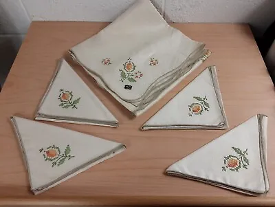 Vintage Bucilla Belgian Linen 5 Piece Tea Set Napkins Tablecloth Embroidered NOS • $29.95
