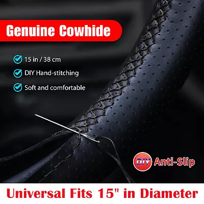 Genuine Leather DIY Car Steering Wheel Cover Anti-slip For 15 /38 Cm Black US • $11.98