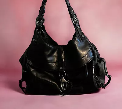 Francesco Biasia Black Leather Rectangular Handbag Silver Hardware • $35