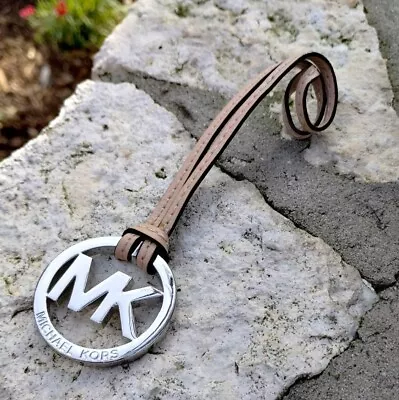 Michael Kors Tan Leather Strap Silver-Tone MK Logo Hardware Tag Charm • $14.99