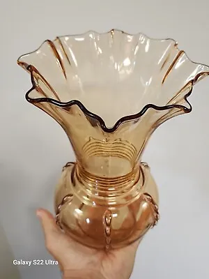 Vintage Peach Depression Glass Martinsville Radiance Crimpled Top Vase • $52.95