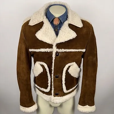 Mens Coat Vtg 60s 70s Western Rancher Jacket Marlboro Suede Leather Sherpa 42 • $149.99