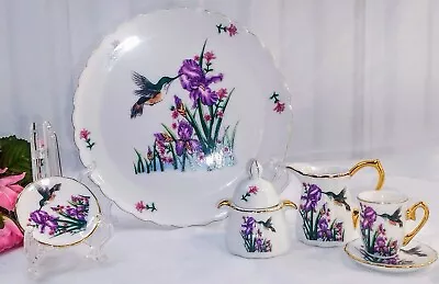 Fine Porcelain 8 Pcs Purple Floral Miniature Tea Set With Decal • $25