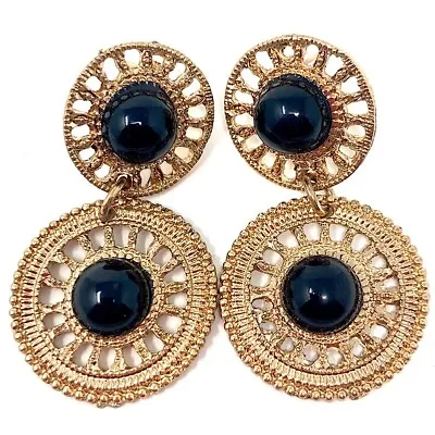 Large Filigree Black Bead Double Disc Chandelier Earrings Gold Tone Metal • £6.14