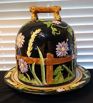 Vintage George Jones Inspired Ceramic Majolica 11  H Cheese Dome And Platter • $399.99