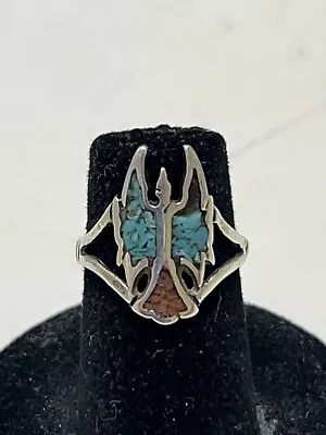 925 Silver Old Pawn Native Turquoise Coral Ring Sz 5 2G Peyote Thunderbird Rare • $30