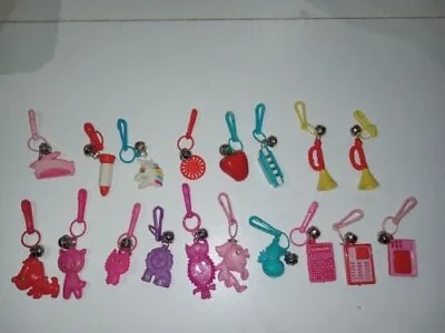 18 Vintage 1980s Plastic Clip On 80s Bell Charms W/ RARE Unicorn And Strawberry  • $29