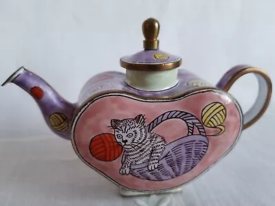 Vintage Metal Heart Shaped Miniature Teapot Purple Cats Playing With Yarns • $25