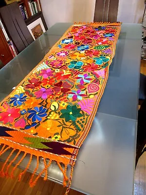 MEXICAN MAYA HAND MADE TABLE RUNNER TOPPER SILK EMBROIDERY FLOWERS From CHIAPAS  • $86.50