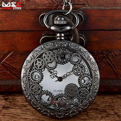 Steampunk Gear Black Antique Pendant Vintage Retro Necklace Pocket Quartz Watch • $4.98