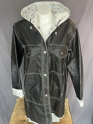 Vintage PVC Raincoat Black Waterproof Hooded With Whales Large Coat Mizz Lizz • $67.94