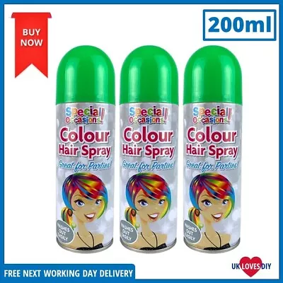 Party Green Hair Colour Spray Temporary Hair Spray Wash Out Hair Colours 3 Pack • £9.78
