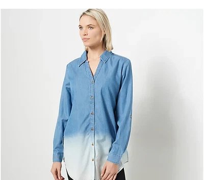 $20.71 • Buy Susan Graver Chambray Dip-Dye Y-Neck Tunic Shirt (Light Chambray, M) A470180