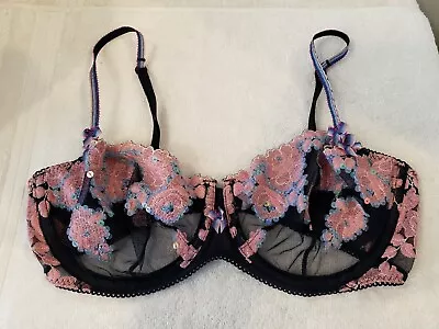 Victoria's Secret Angels Balconet Bra Embroidered Sequin Black Pink Blue 36C • $29.87