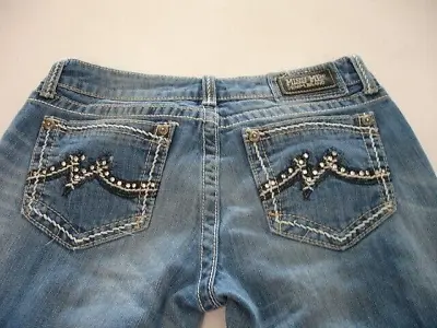 MISS ME Denim Women's Rhinestones Crystals Logo Mid Rise Boot Cut Blue Jeans 31 • $32.95