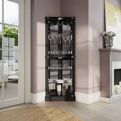 Black Lighted Glass 3-Sided Corner Display Curio Cabinet Furniture Home • £429.48