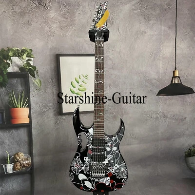 $260 • Buy 7V Black Electric Guitar Flowered HSH Pickup Floyd Bridge Chrome Hardware