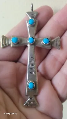 Navajo Turquoise Silver Cross Pendant SIGNED Native American Indian STUNNING • $135
