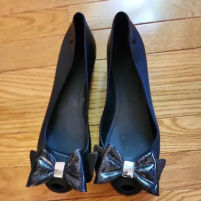 Melissa Ultragirl Women's Black Glitter Bow Jelly Ballet Flats Shoes Sz 8 • £38.61