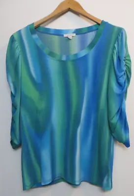 Erin London Shirt Women Large Blue Green Stretch 3/4 Sleeve Colorful FLAW • $12