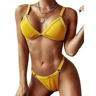 ZAFUL Womens Textured Ribbed High Cut Bikini Set 2pc Swimsuit Gold Yellow Size S • $14.39