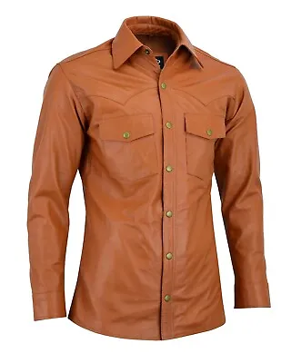 Men’s Shirt Slim Fit Vintage Motorcycle Antique Tan Soft Real Leather Shirt • $74.99