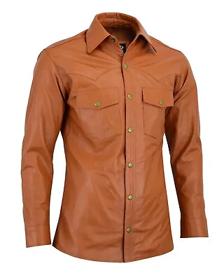 Men's Soft Tan Leather Slim Fit Full Sleeve Button Up • $74.99