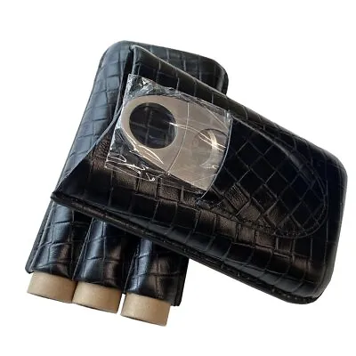 Black Leather Cigar Case Holder 3 Tubes Travel Cigar Humidor With Cigar Cutter • $25.99