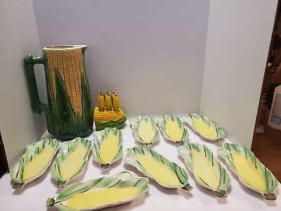 Vtg 12  Tall Majolica Corn Cob Pitcher & 10 Ceramic Corn Cob Plates & 6 Knives  • $100