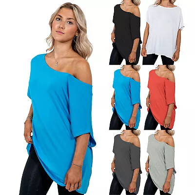 Ladies Top T-shirt Off The Shoulder Baggy Bardot Mini Top Plain Size 8-26  • £5.99