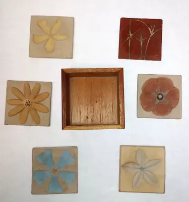 Vintage Stone Pottery Multi Floral Pattern Drink Coasters With Wooden Holder • $14