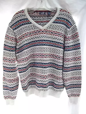 Vtg Izod V-neck Sweater XL Ski Pullover 100% Cotton Geometric Ugly Stripe MINT • $29.99