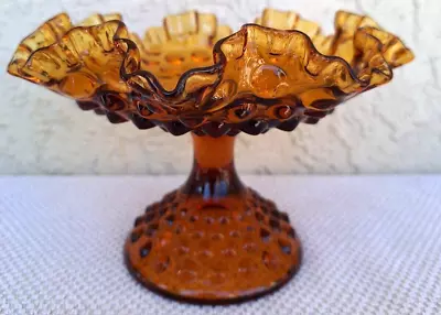 Fenton Amber Glass Ruffled Edge Hobnail Compote Pedestal Candy Dish Bowl VTG 39L • $16.88