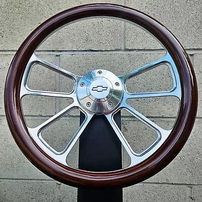 14  Billet 4 Spoke Steering Wheel Mahogany Wood Licensed Chevy Horn • $189.95